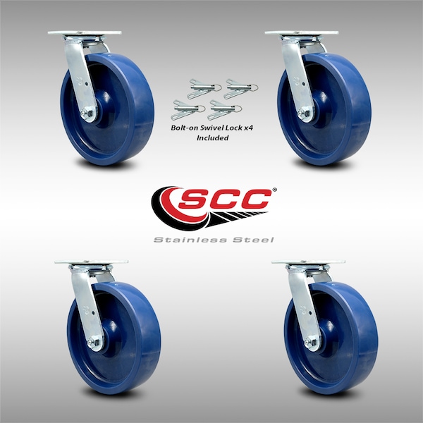 8 Inch SS Solid Poly Swivel Caster Set with Ball Bearing and Swivel Lock SCC